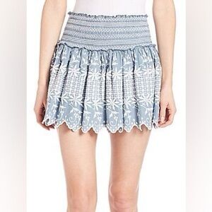LoveShackFancy Blue and White Embroidered ruffle smocked mini Skirt size 1 Small